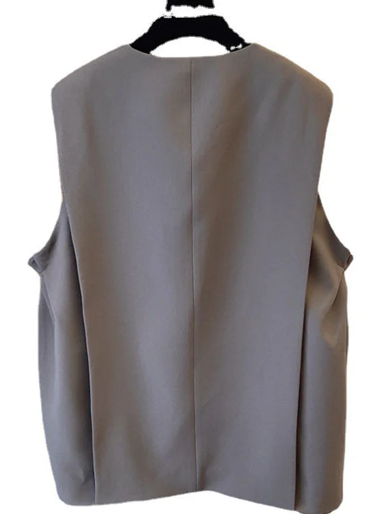 Classy Khaki fashion pleated Pockets Fall Sleeveless Waistcoat - Image 3