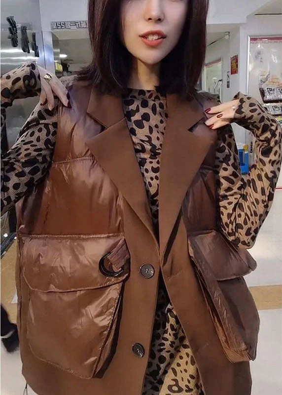 Fitted Chocolate Pockets Patchwork Winter Puffer Vest Sleeveless - Image 4