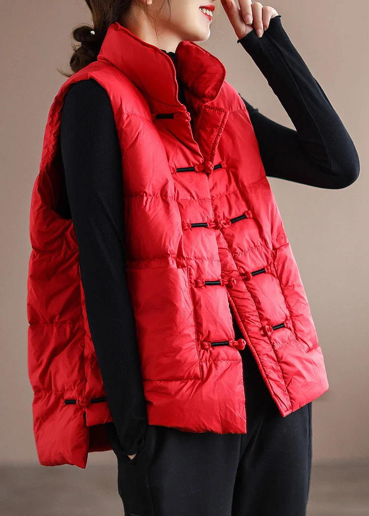DIY Red Stand Collar Pockets Oriental Winter Puffer Vest - Image 3