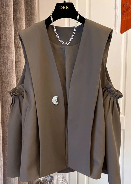 Classy Khaki fashion pleated Pockets Fall Sleeveless Waistcoat - Image 2