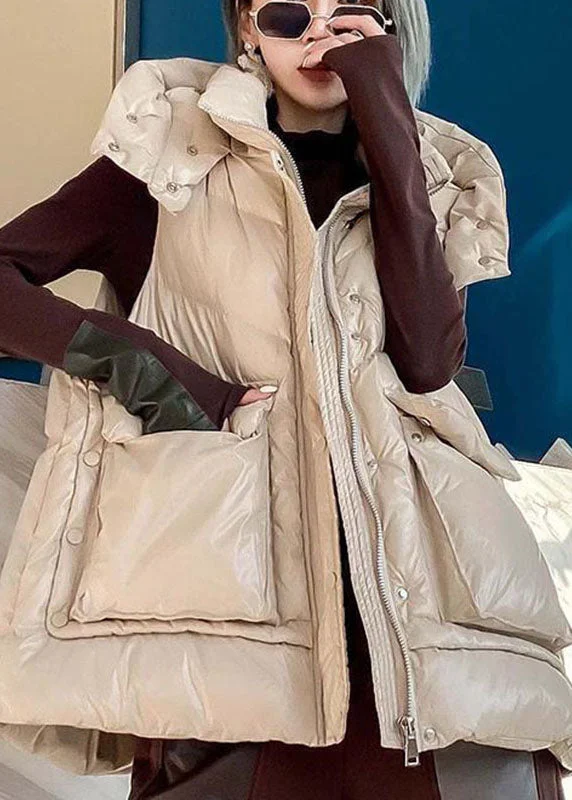 Simple Apricot hooded Pockets Casual Winter Sleeveless down vest - Image 4