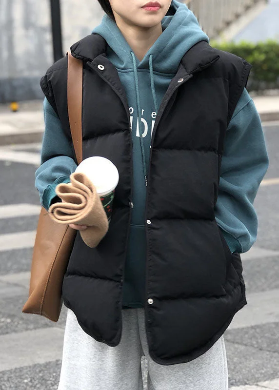 Elegant Black Pockets Button Patchwork Winter Warm Sleeveless Puffer Vest - Image 4