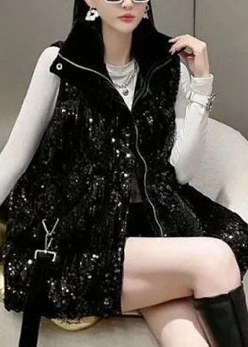 Handmade Black Stand Collar Sequins Pockets Fine Cotton Filled Puffers Vests Winter - Image 3