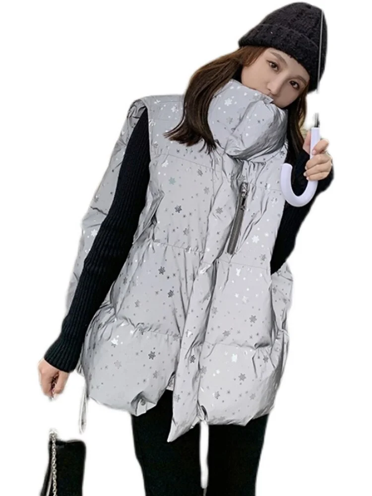 Fashion High Collar Star Printed Pockets Sleeveless Zip-up Thick Down Vest - Image 4