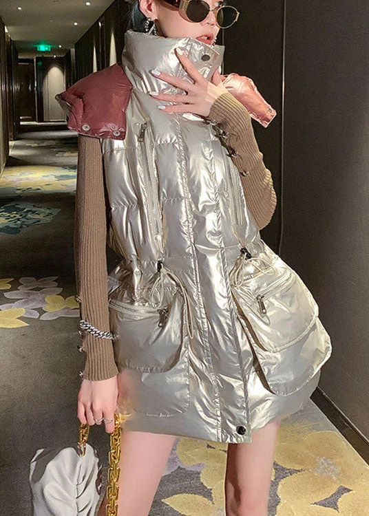 Casual Light gold U Neck drawstring Bow Winter Sleeveless Puffer Vest - Image 5