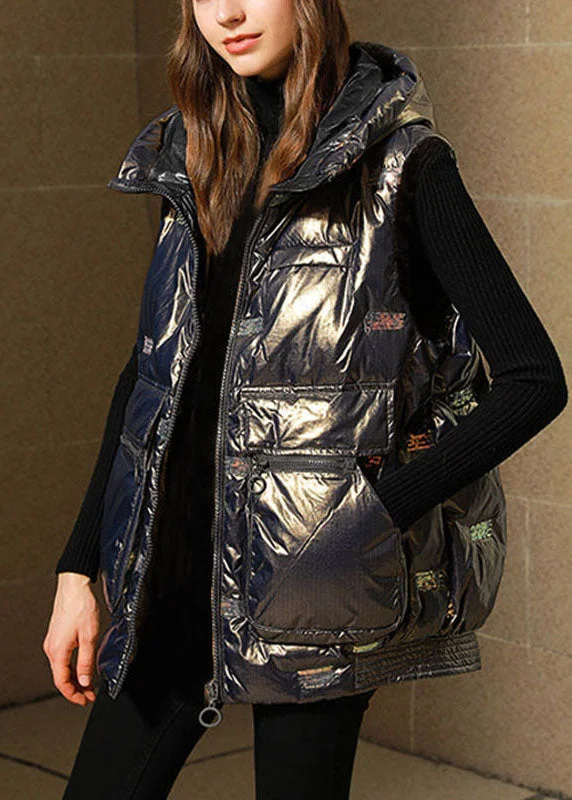 Plus Size Black Loose Warm Sequins Winter Sleeveless Puffer Vest - Image 2