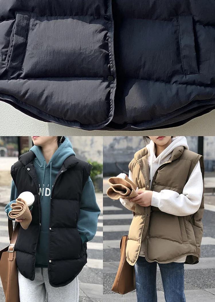 Elegant Black Pockets Button Patchwork Winter Warm Sleeveless Puffer Vest - Image 5
