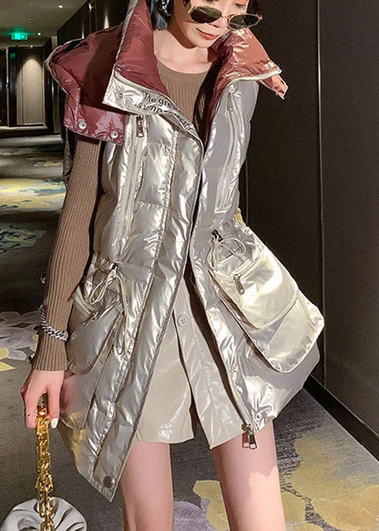 Casual Light gold U Neck drawstring Bow Winter Sleeveless Puffer Vest - Image 2