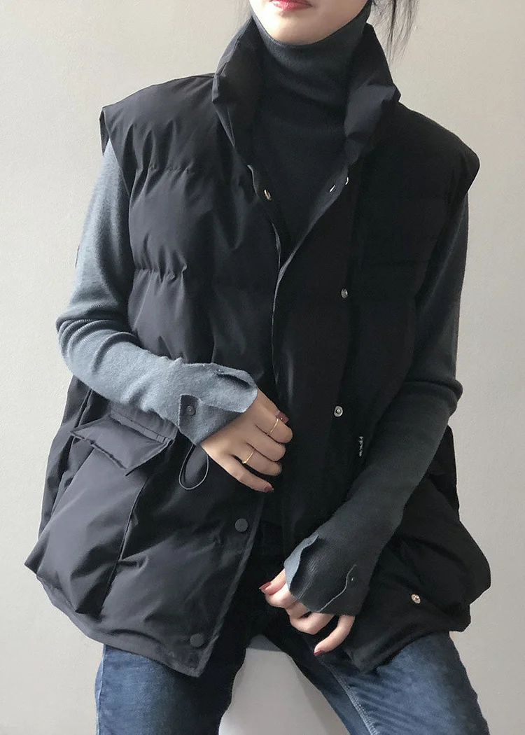 Stylish Black Stand Collar Pockets Regular Winter down vest - Image 3