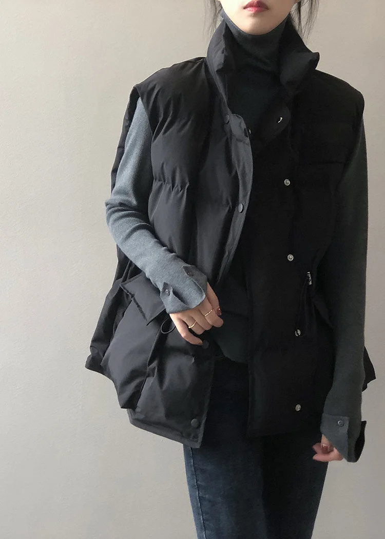 Stylish Black Stand Collar Pockets Regular Winter down vest - Image 5