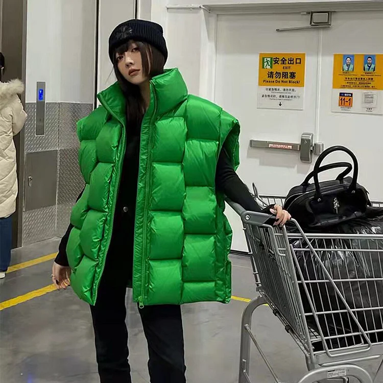 Street Stand Collar Solid Color Duck Puffer Down Thick Vest - Image 11