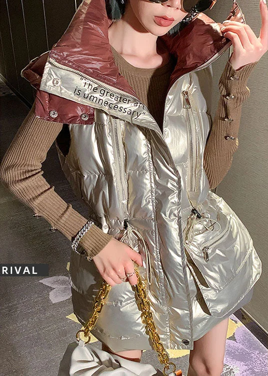 Casual Light gold U Neck drawstring Bow Winter Sleeveless Puffer Vest - Image 3