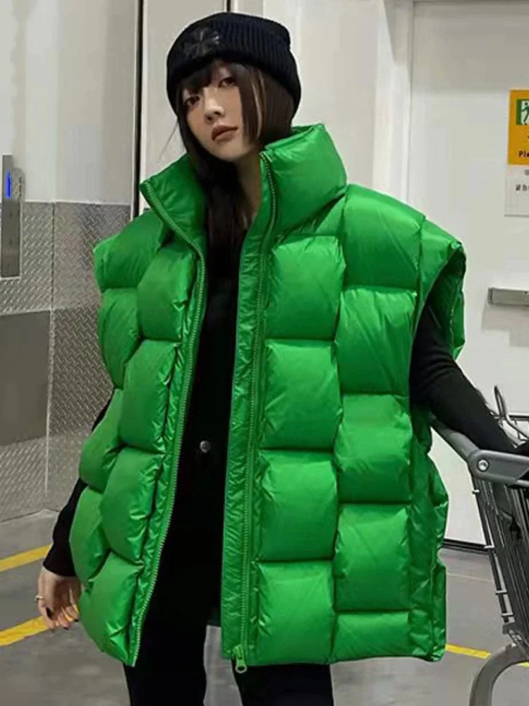 Street Stand Collar Solid Color Duck Puffer Down Thick Vest - Image 3