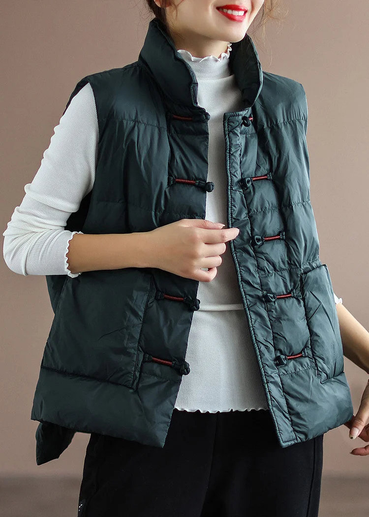DIY Red Stand Collar Pockets Oriental Winter Puffer Vest - Image 5