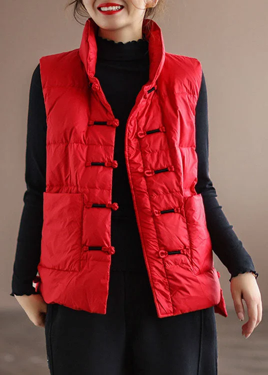 DIY Red Stand Collar Pockets Oriental Winter Puffer Vest - Image 4