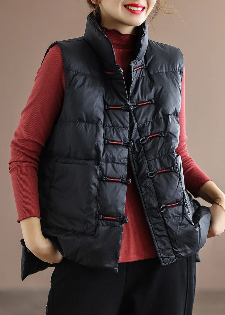 DIY Red Stand Collar Pockets Oriental Winter Puffer Vest - Image 2