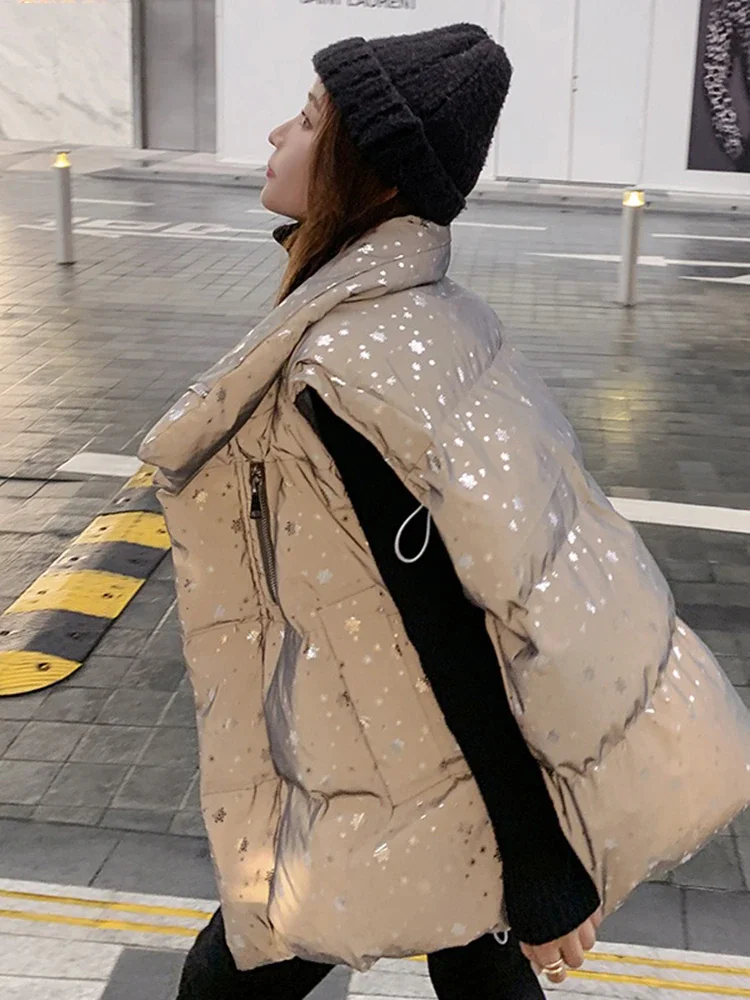 Fashion High Collar Star Printed Pockets Sleeveless Zip-up Thick Down Vest - Image 6