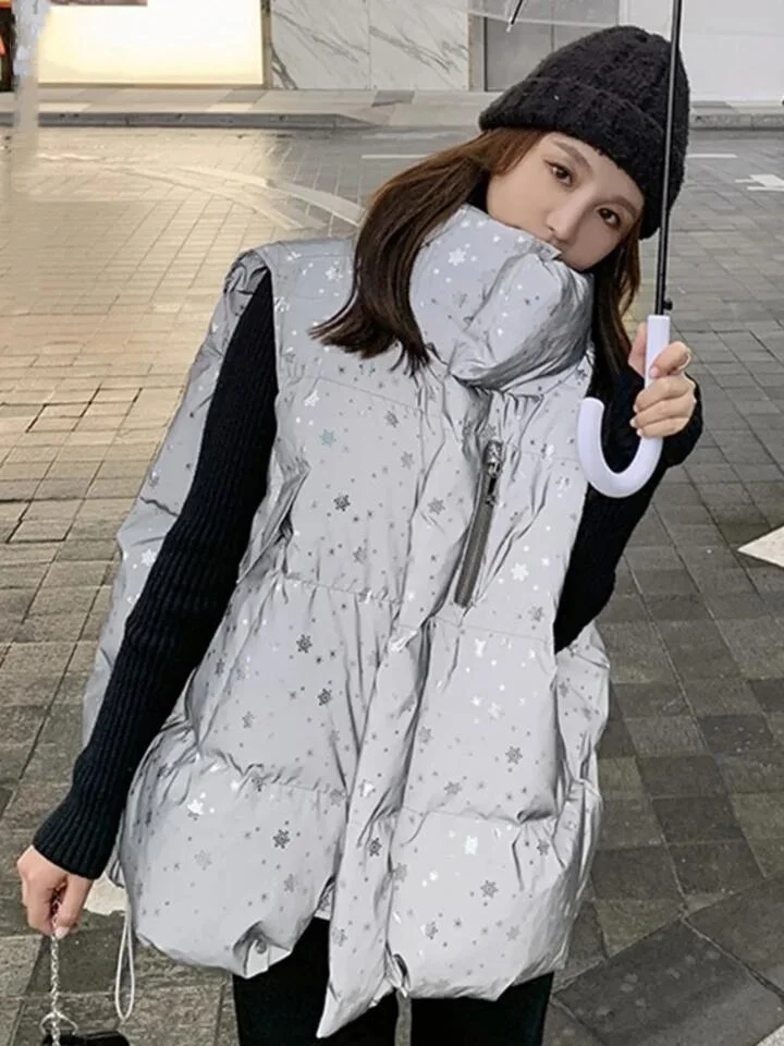 Fashion High Collar Star Printed Pockets Sleeveless Zip-up Thick Down Vest