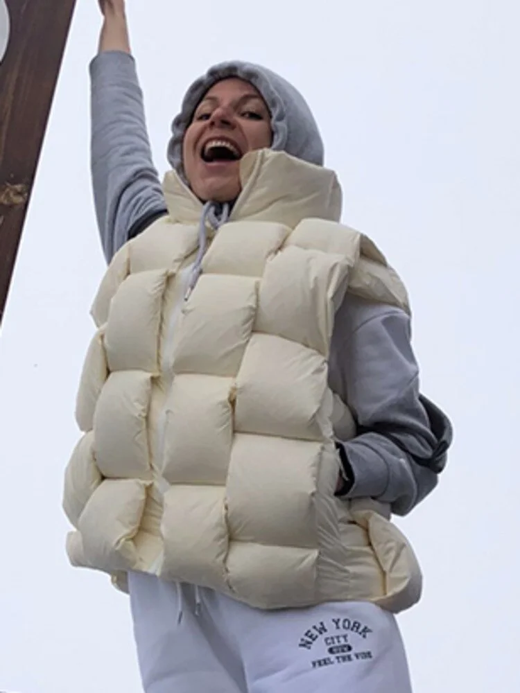 Street Stand Collar Solid Color Duck Puffer Down Thick Vest - Image 6