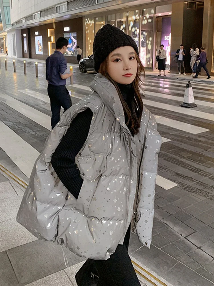 Fashion High Collar Star Printed Pockets Sleeveless Zip-up Thick Down Vest - Image 7