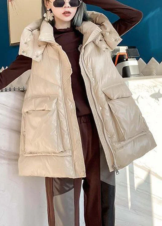 Simple Apricot hooded Pockets Casual Winter Sleeveless down vest - Image 2