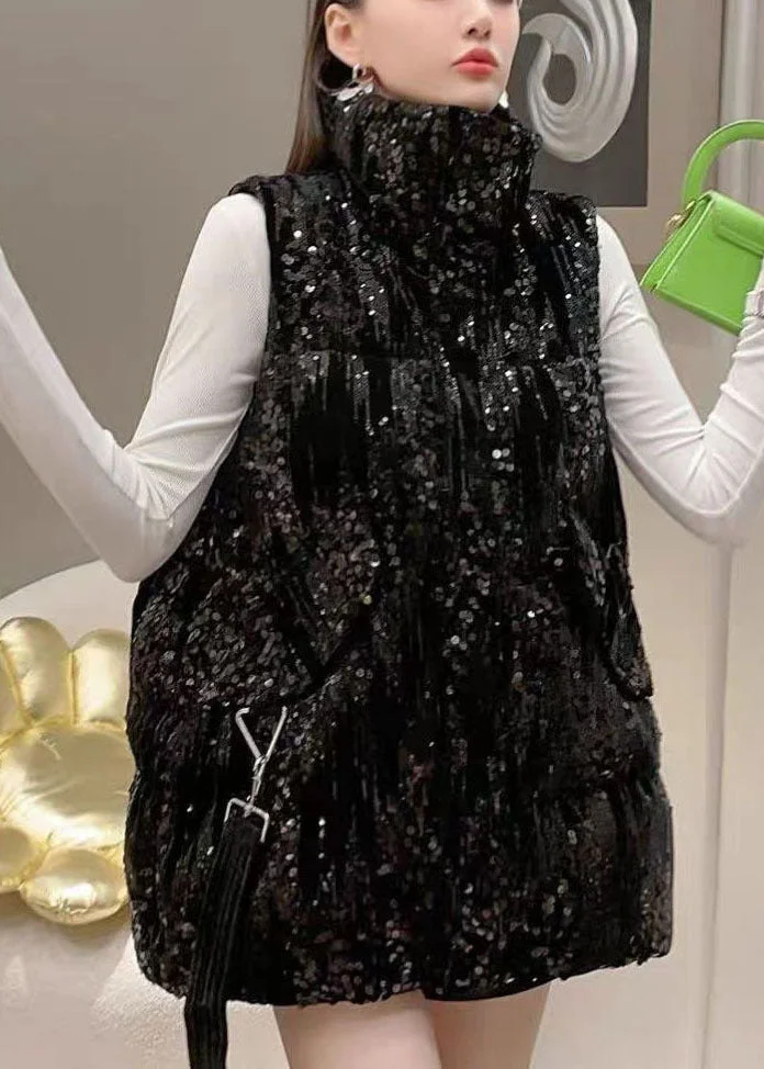 Handmade Black Stand Collar Sequins Pockets Fine Cotton Filled Puffers Vests Winter