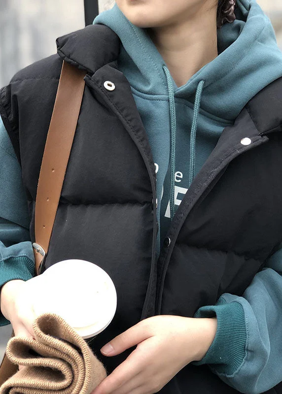 Elegant Black Pockets Button Patchwork Winter Warm Sleeveless Puffer Vest - Image 2