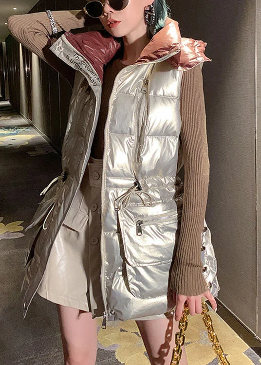 Casual Light gold U Neck drawstring Bow Winter Sleeveless Puffer Vest - Image 4