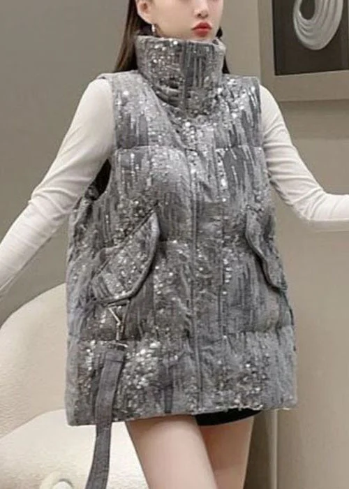 Handmade Black Stand Collar Sequins Pockets Fine Cotton Filled Puffers Vests Winter - Image 5