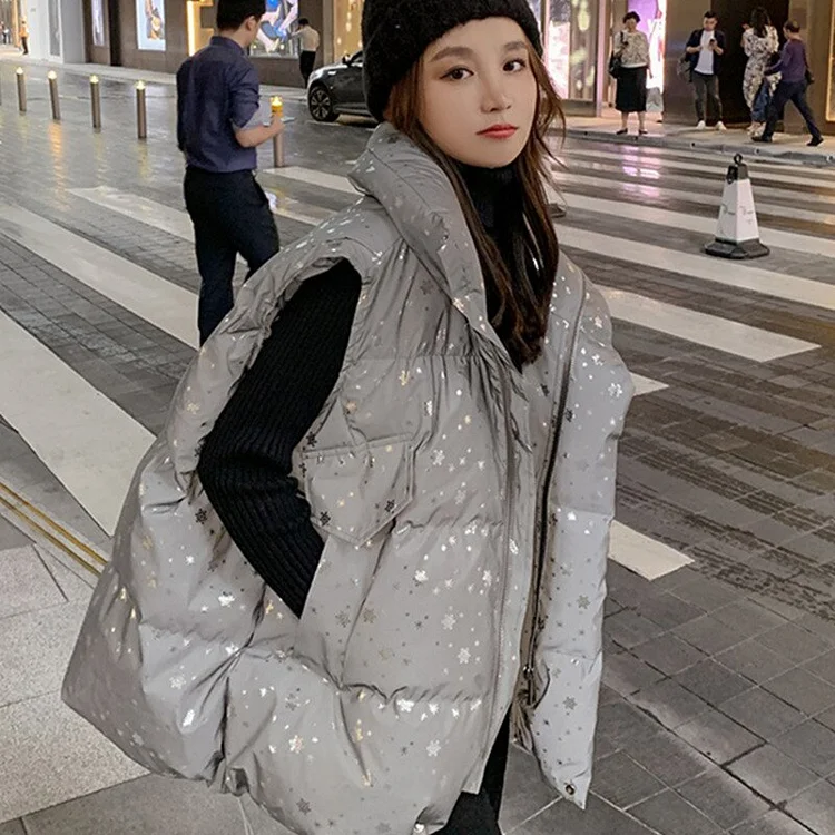 Fashion High Collar Star Printed Pockets Sleeveless Zip-up Thick Down Vest - Image 5