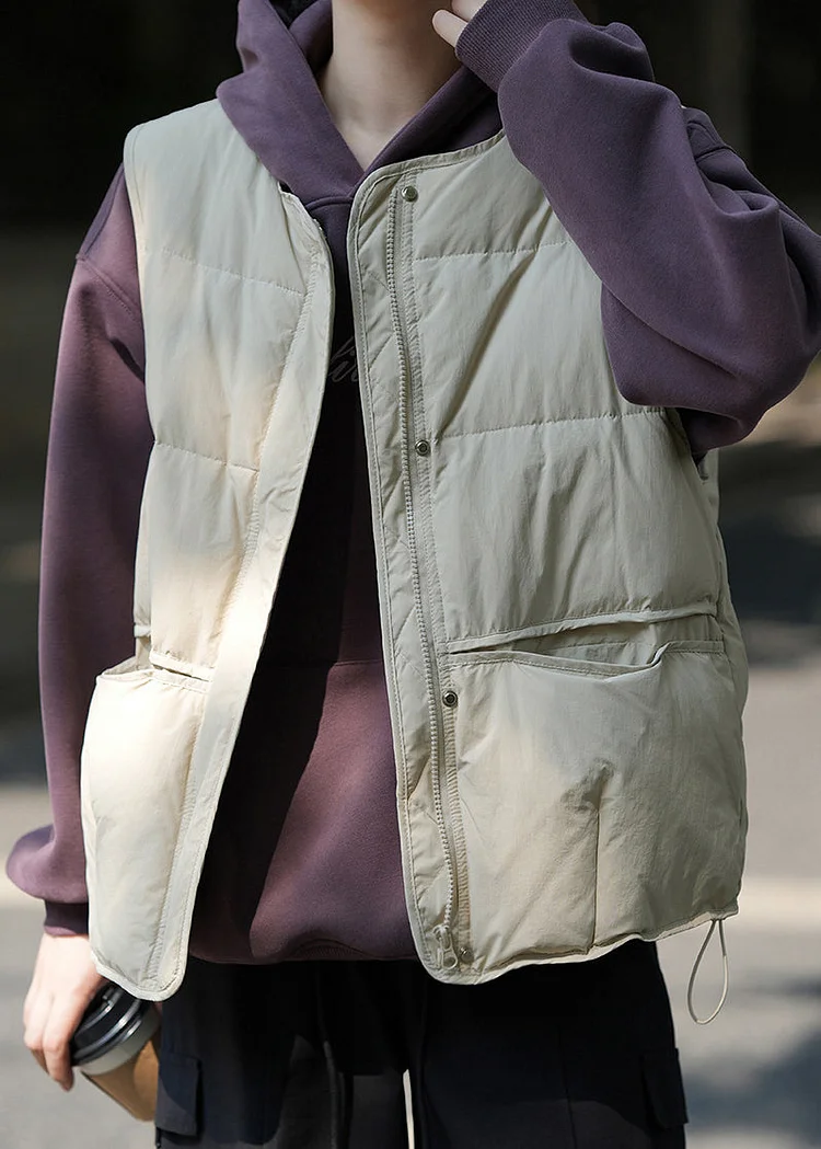 Women Khaki Green Zip Up Pockets Patchwork Duck Down Vest Sleeveless - Image 3