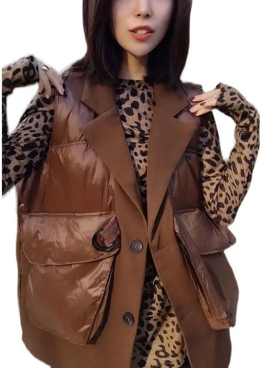 Fitted Chocolate Pockets Patchwork Winter Puffer Vest Sleeveless - Image 3