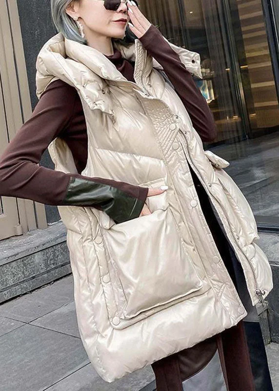 Simple Apricot hooded Pockets Casual Winter Sleeveless down vest - Image 3