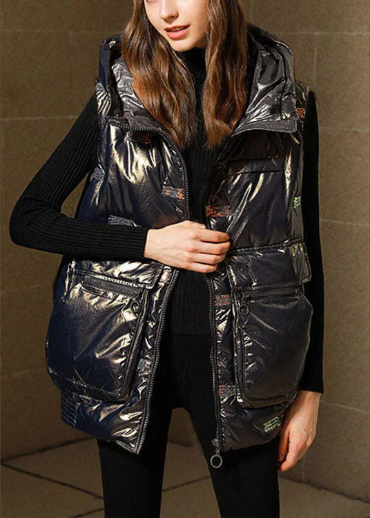 Plus Size Black Loose Warm Sequins Winter Sleeveless Puffer Vest - Image 4