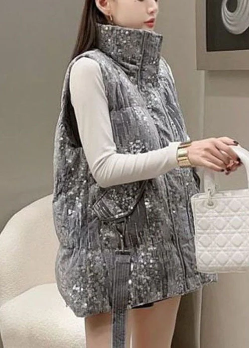 Handmade Black Stand Collar Sequins Pockets Fine Cotton Filled Puffers Vests Winter - Image 2