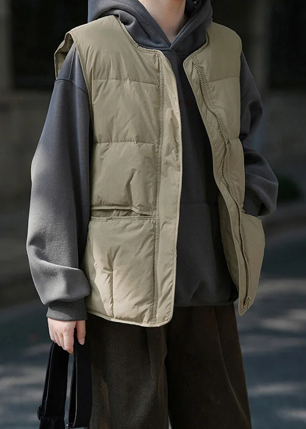 Women Khaki Green Zip Up Pockets Patchwork Duck Down Vest Sleeveless - Image 4