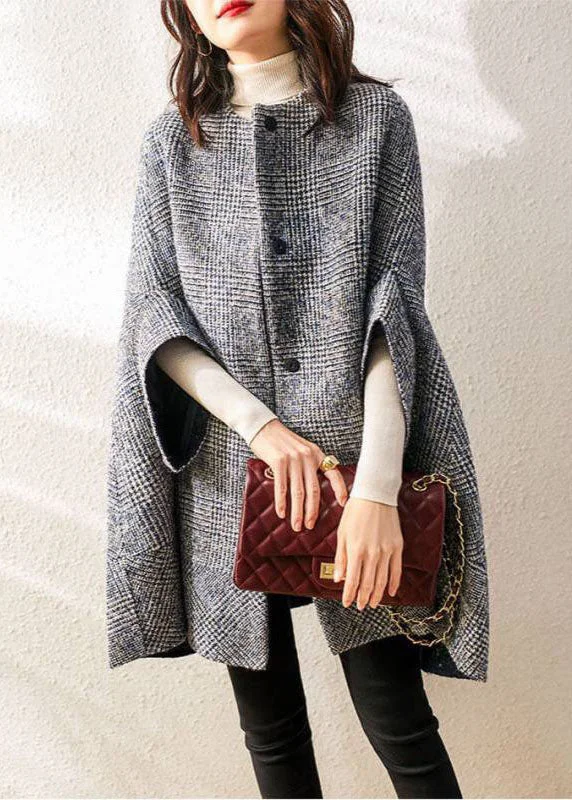 Fine Grey Plaid O-Neck Button Fall Woolen Three Quarter sleeve parka - Image 4