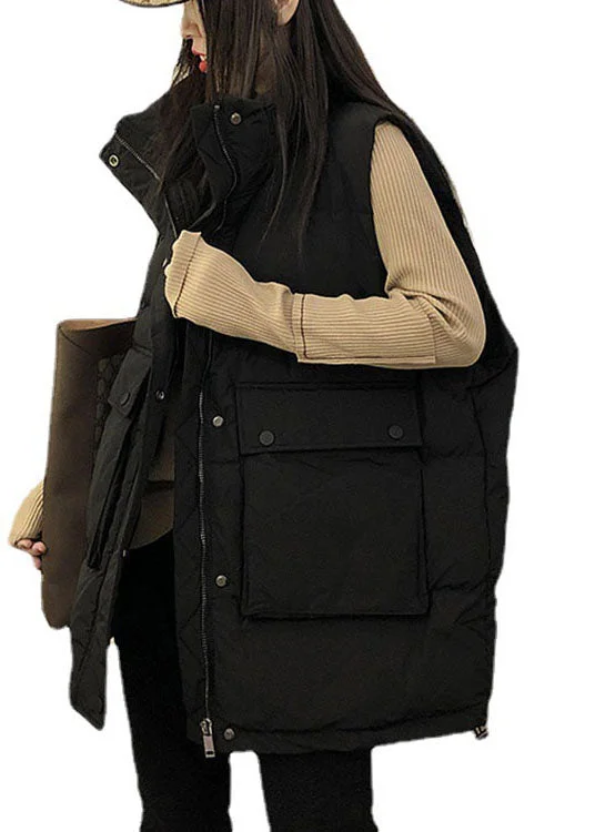 Boutique Black Loose Stand Collar Pockets Winter down vest - Image 2