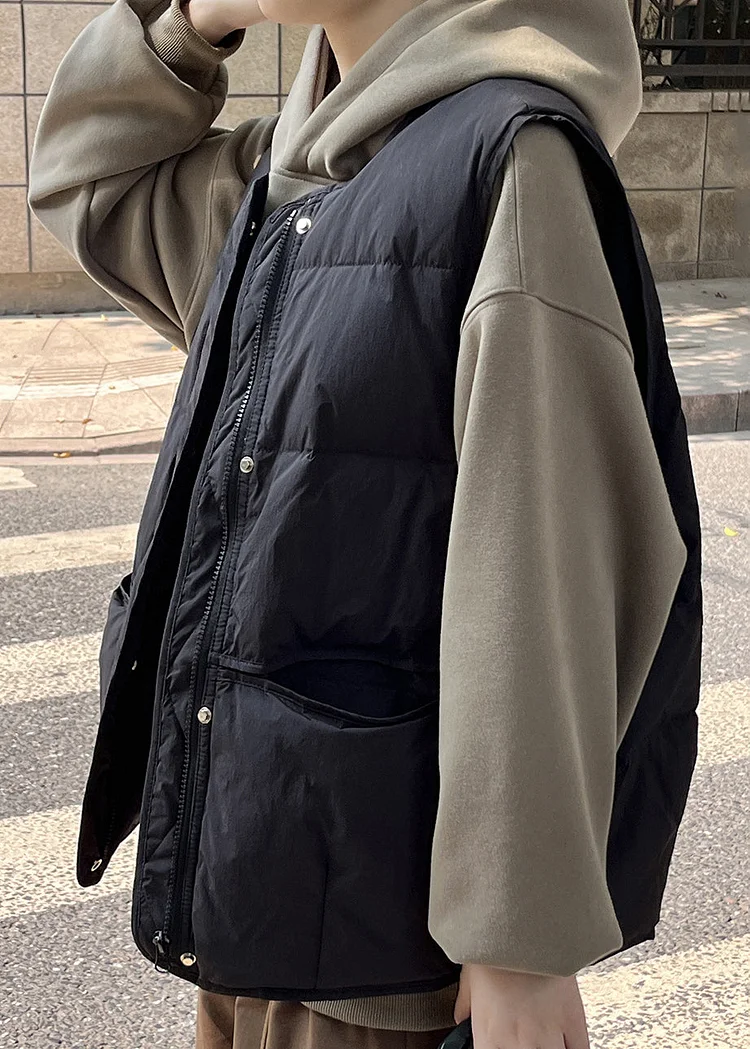 Women Khaki Green Zip Up Pockets Patchwork Duck Down Vest Sleeveless - Image 5