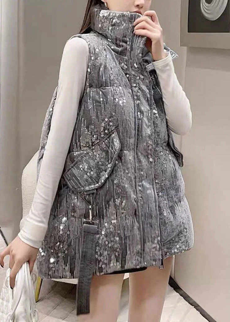Handmade Black Stand Collar Sequins Pockets Fine Cotton Filled Puffers Vests Winter - Image 4